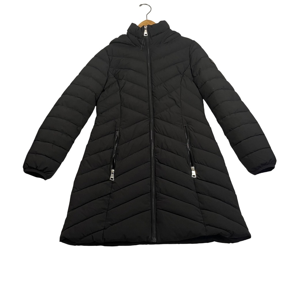 DKNY Womens Black Chevron Quilted Hooded Puffer Parka Coat Size XS